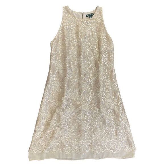 Womens Ralph Lauren Green Label Taupe Gold  Metallic Lace Dress Wedding Size 8 - Picture 1 of 11